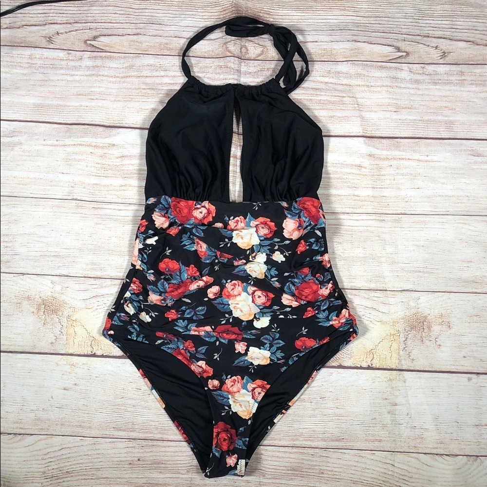 Cupshe Black Floral Halter One-Piece Swimsuit